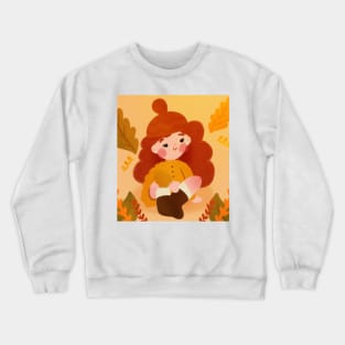 Cozy Fall Vibes - Kawaii Red-Haired Girl with Cute Leaves Art Crewneck Sweatshirt